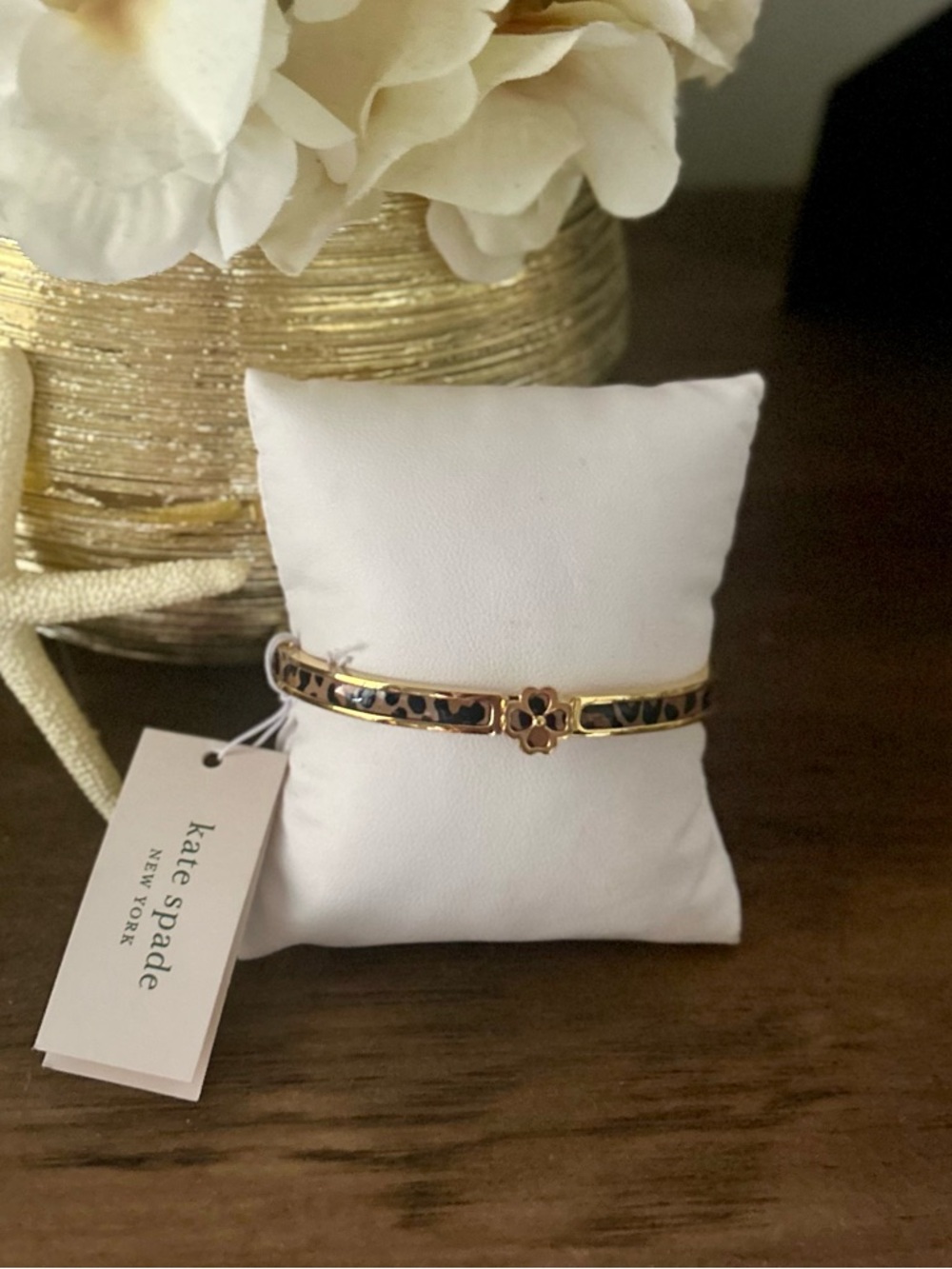 kate spade Gold Leopard-Print Flower Hinged Bangle